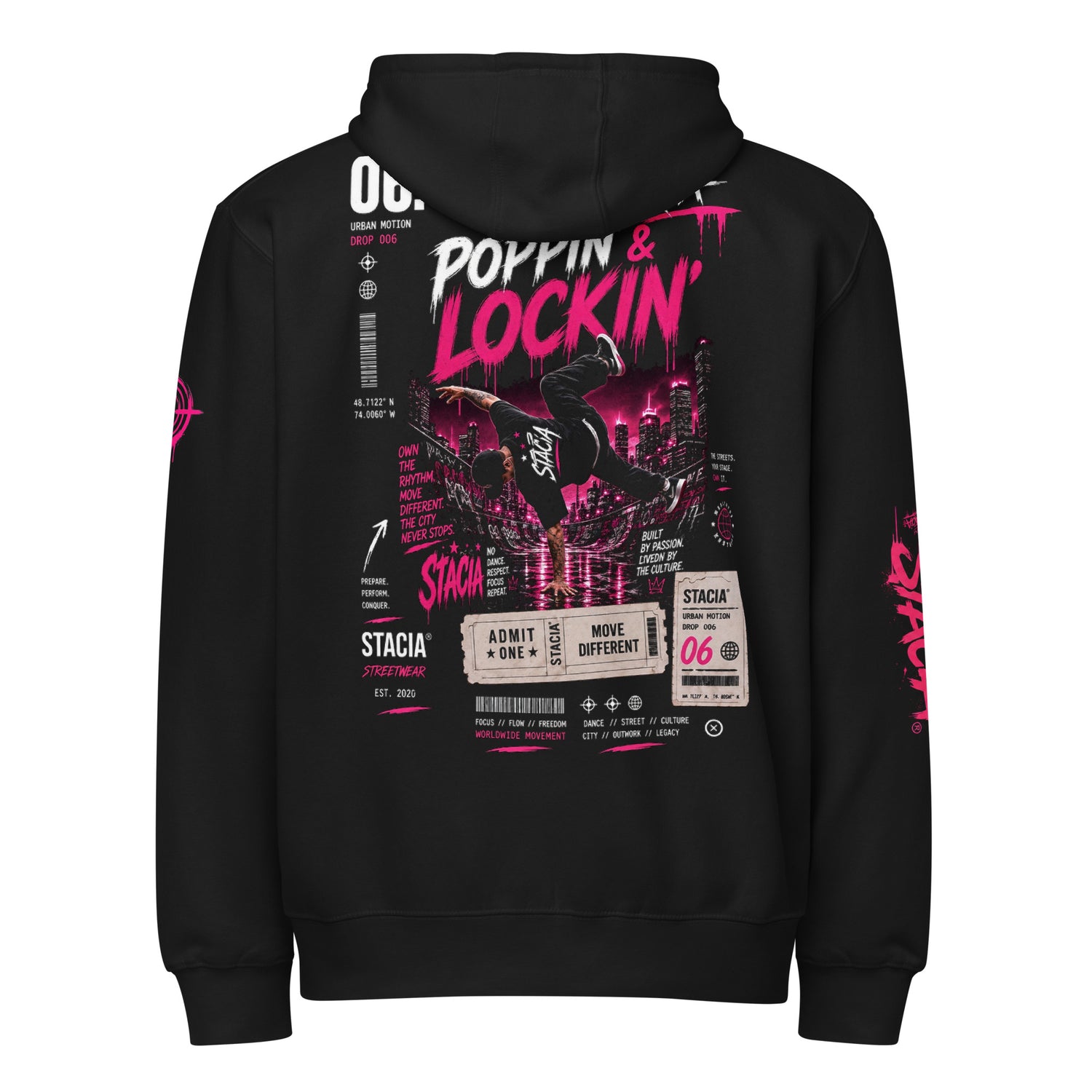 Poppin N Lockin Zip Hoodie - STACIA graphic streetwear - front view
